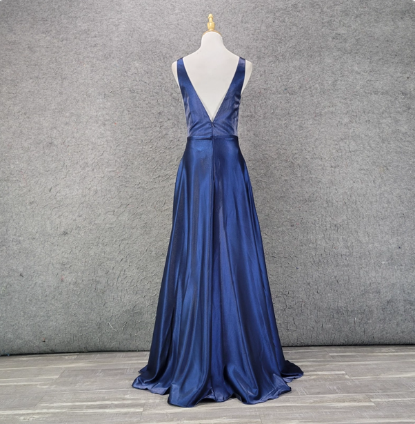 Elegant Navy Blue A-Line V-Neck Satin Long Formal Prom Dresses Secondary image
