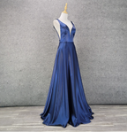 Elegant Navy Blue A-Line V-Neck Satin Long Formal Prom Dresses