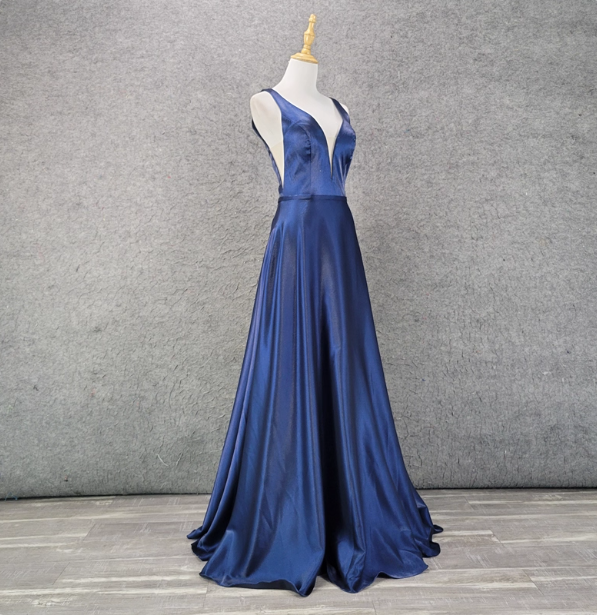 Elegant Navy Blue A-Line V-Neck Satin Long Formal Prom Dresses