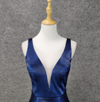 Elegant Navy Blue A-Line V-Neck Satin Long Formal Prom Dresses