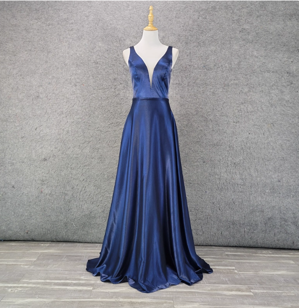 Elegant Navy Blue A-Line V-Neck Satin Long Formal Prom Dresses Main image