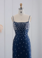 Elegant Navy Blue Bodycon Square Neck Spaghetti Strap Slit Crystal Satin Long Formal Prom Dresses