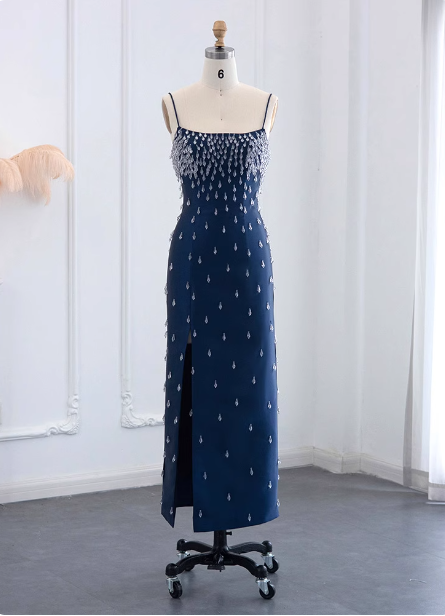 Elegant Navy Blue Bodycon Square Neck Spaghetti Strap Slit Crystal Satin Long Formal Prom Dresses