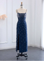 Elegant Navy Blue Bodycon Square Neck Spaghetti Strap Slit Crystal Satin Long Formal Prom Dresses