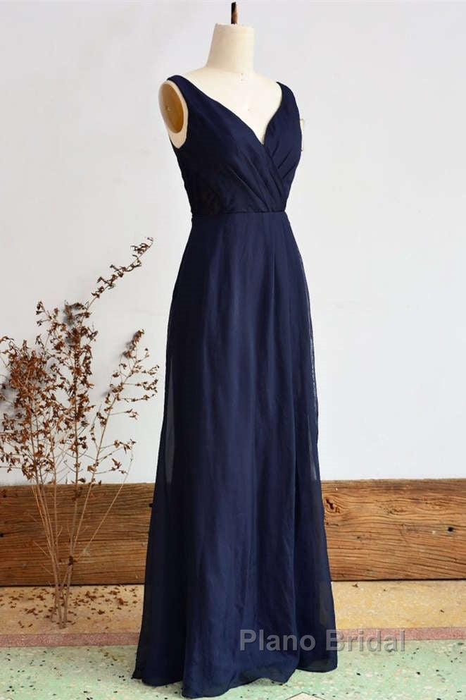 Elegant Navy Blue Chiffon Bridesmaid Dresses With Slit Secondary image