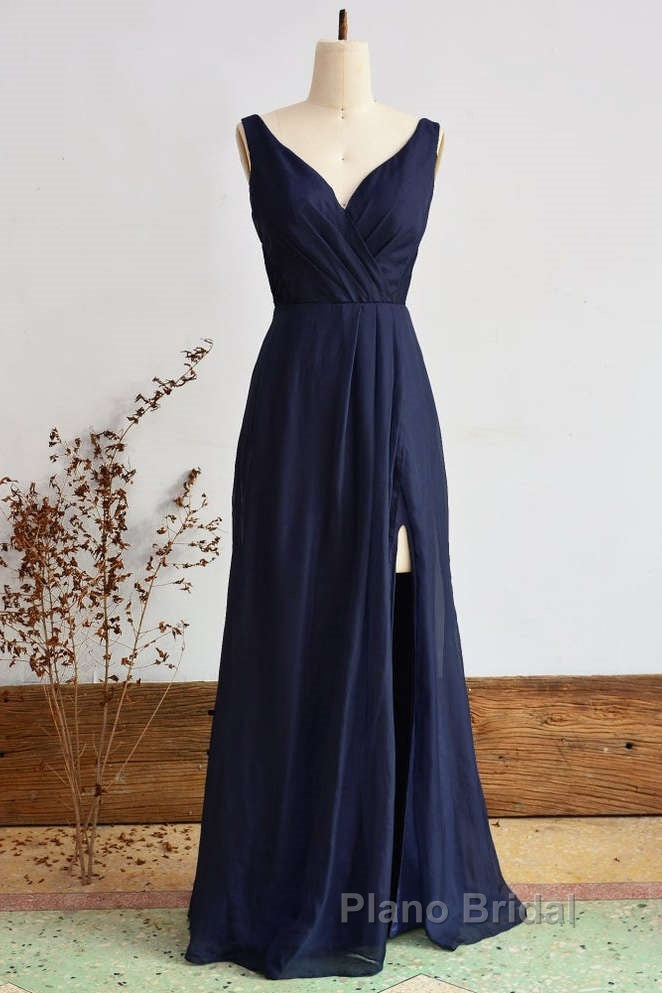 Elegant Navy Blue Chiffon Bridesmaid Dresses With Slit