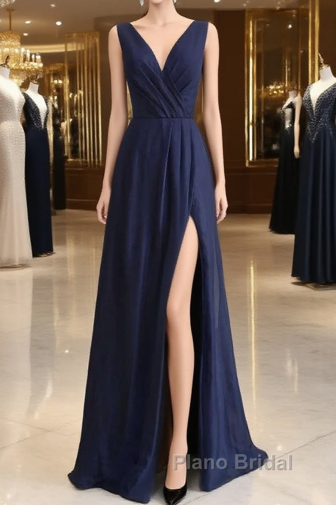Elegant Navy Blue Chiffon Bridesmaid Dresses With Slit