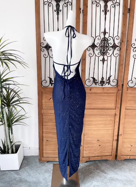 Elegant Navy Blue Halter Backless Glitter Satin Long Formal Prom Dresses