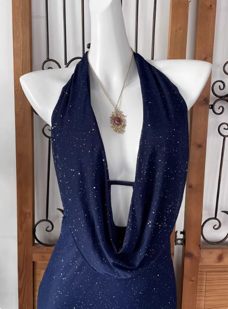 Elegant Navy Blue Halter Backless Glitter Satin Long Formal Prom Dresses