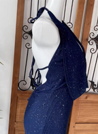 Elegant Navy Blue Halter Backless Glitter Satin Long Formal Prom Dresses