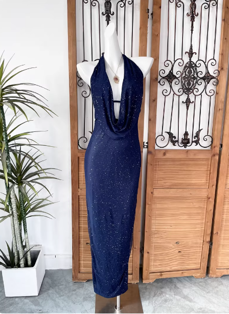 Elegant Navy Blue Halter Backless Glitter Satin Long Formal Prom Dresses