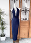 Elegant Navy Blue Halter Backless Glitter Satin Long Formal Prom Dresses