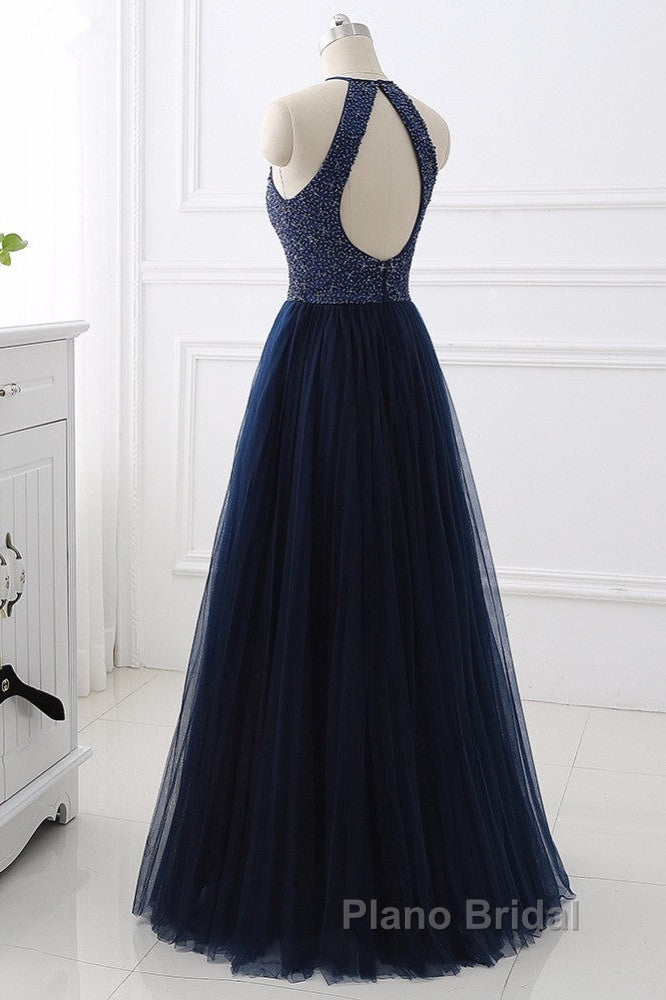 Elegant Navy Blue Halter Beaded Long Evening Dresses, Beautiful Formal Prom Dresses Secondary image