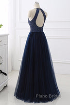 Elegant Navy Blue Halter Beaded Long Evening Dresses, Beautiful Formal Prom Dresses