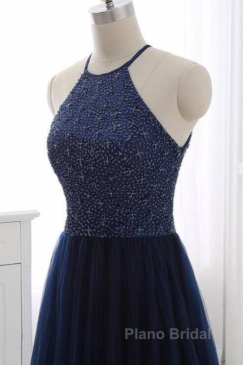 Elegant Navy Blue Halter Beaded Long Evening Dresses, Beautiful Formal Prom Dresses