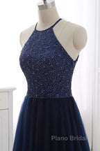Elegant Navy Blue Halter Beaded Long Evening Dresses, Beautiful Formal Prom Dresses