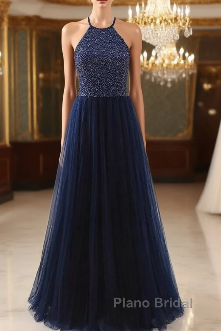 Elegant Navy Blue Halter Beaded Long Evening Dresses, Beautiful Formal Prom Dresses