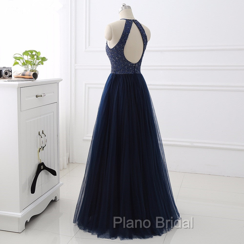 Elegant Navy Blue Halter Beaded Long Evening Dresses, Formal Prom Dresses Secondary image