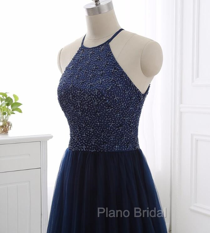 Elegant Navy Blue Halter Beaded Long Evening Dresses, Formal Prom Dresses