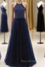 Elegant Navy Blue Halter Beaded Long Evening Dresses, Formal Prom Dresses