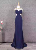 Elegant Navy Blue Mermaid Beaded Open Back Chiffon Long Formal Prom Dresses