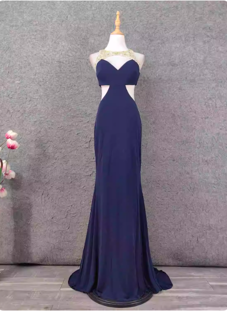 Elegant Navy Blue Mermaid Beaded Open Back Chiffon Long Formal Prom Dresses