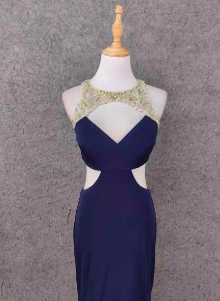Elegant Navy Blue Mermaid Beaded Open Back Chiffon Long Formal Prom Dresses