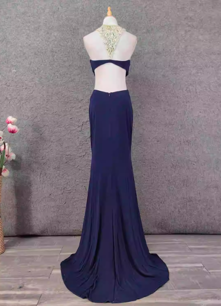 Elegant Navy Blue Mermaid Beaded Open Back Chiffon Long Formal Prom Dresses