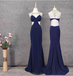 Elegant Navy Blue Mermaid Beaded Open Back Chiffon Long Formal Prom Dresses