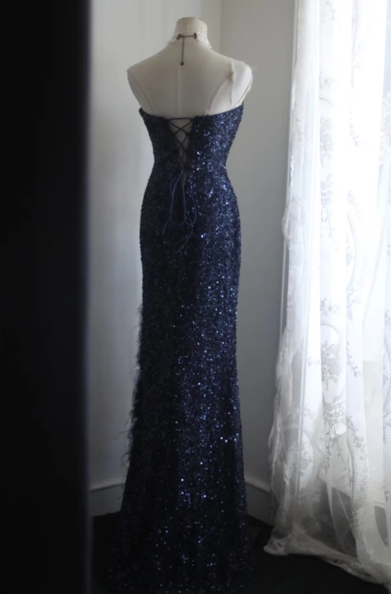 Elegant Navy Blue Mermaid Heart-Shaped Neckline Feather Sequined Long Formal Prom Dresses