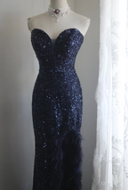 Elegant Navy Blue Mermaid Heart-Shaped Neckline Feather Sequined Long Formal Prom Dresses