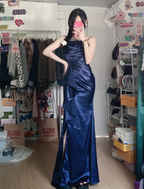 Elegant Navy Blue Mermaid High-Slit Ruffled Satin Long Formal Prom Dresses