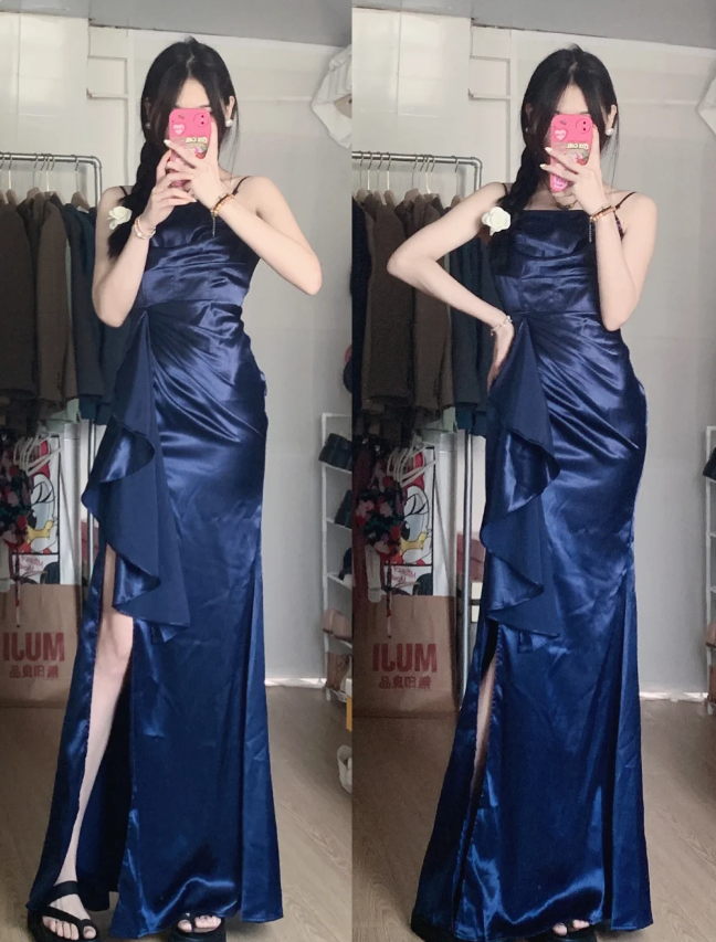 Elegant Navy Blue Mermaid High-Slit Ruffled Satin Long Formal Prom Dresses