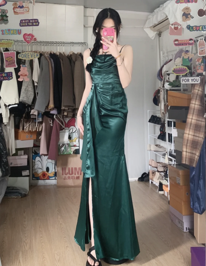 Elegant Navy Blue Mermaid High-Slit Ruffled Satin Long Formal Prom Dresses