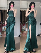 Elegant Navy Blue Mermaid High-Slit Ruffled Satin Long Formal Prom Dresses