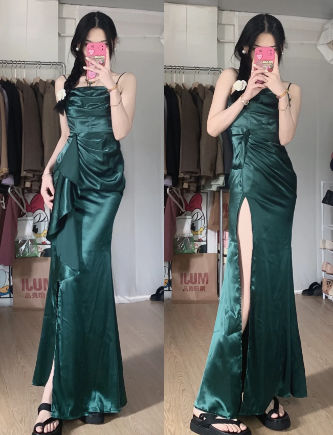 Elegant Navy Blue Mermaid High-Slit Ruffled Satin Long Formal Prom Dresses