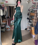 Elegant Navy Blue Mermaid High-Slit Ruffled Satin Long Formal Prom Dresses