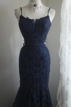 Elegant Navy Blue Mermaid Spaghetti Strap Lace Long Formal Prom Dresses