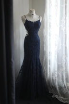 Elegant Navy Blue Mermaid Spaghetti Strap Lace Long Formal Prom Dresses