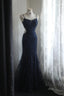 Elegant Navy Blue Mermaid Spaghetti Strap Lace Long Formal Prom Dresses