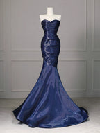 Elegant Navy Blue Mermaid Strapless Pleated Satin Long Formal Prom Dresses