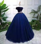 Elegant Navy Blue Off-The-Shoulder Velvet Tulle Ball Gown Prom Dresses Sweet 16 Dresses