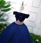 Elegant Navy Blue Off-The-Shoulder Velvet Tulle Ball Gown Prom Dresses Sweet 16 Dresses
