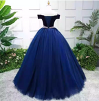 Elegant Navy Blue Off-The-Shoulder Velvet Tulle Ball Gown Prom Dresses Sweet 16 Dresses