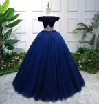 Elegant Navy Blue Off-The-Shoulder Velvet Tulle Ball Gown Prom Dresses Sweet 16 Dresses
