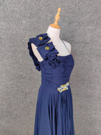 Elegant Navy Blue One-Shoulder 3D Floral Chiffon Long Formal Prom Dresses