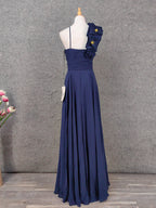 Elegant Navy Blue One-Shoulder 3D Floral Chiffon Long Formal Prom Dresses
