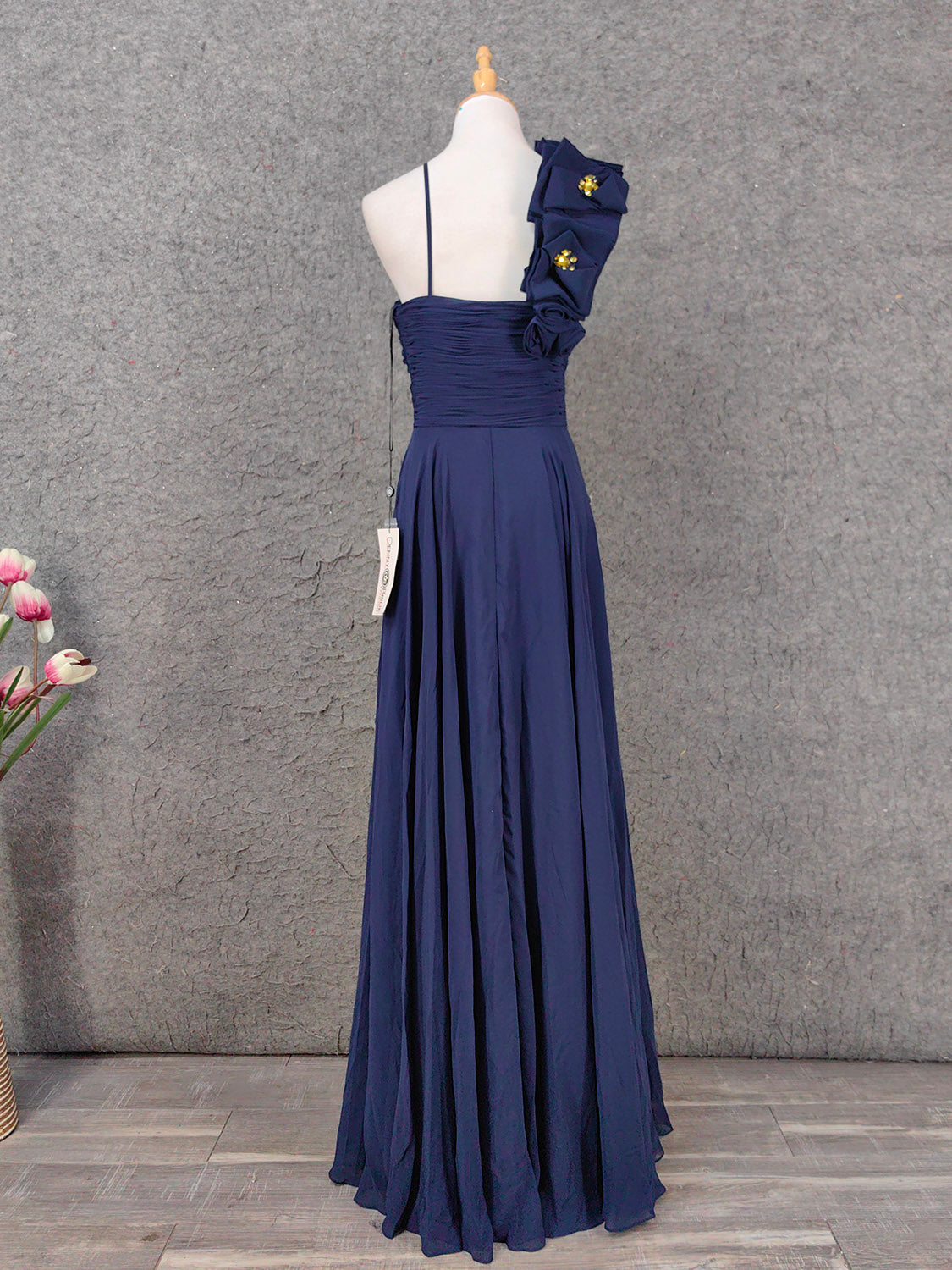 Elegant Navy Blue One-Shoulder 3D Floral Chiffon Long Formal Prom Dresses