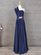 Elegant Navy Blue One-Shoulder 3D Floral Chiffon Long Formal Prom Dresses