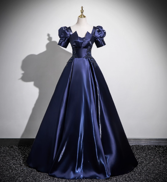 Elegant Navy Blue Puff Sleeve Satin Long Ball Gown Prom Dresses Sweet 16 Dresses